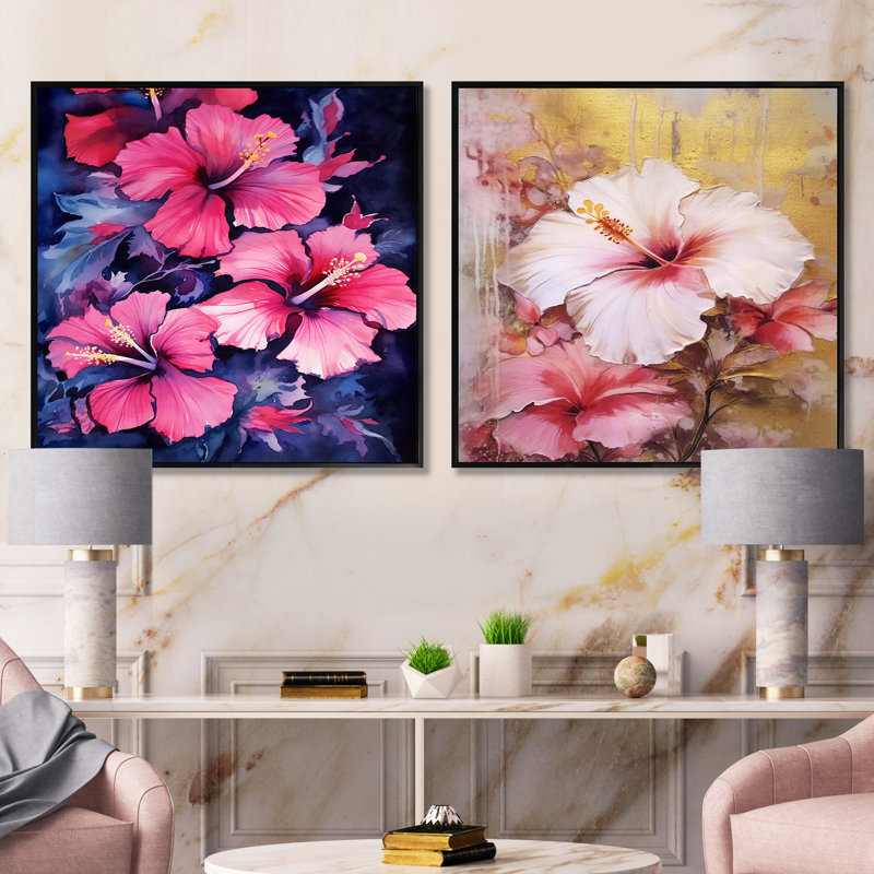 Beauté tropicale Hibiscus Beauté III - Hibiscus carré, ensemble de 2 collages, Cadre flottant noir, H 30 po x l 61 po
