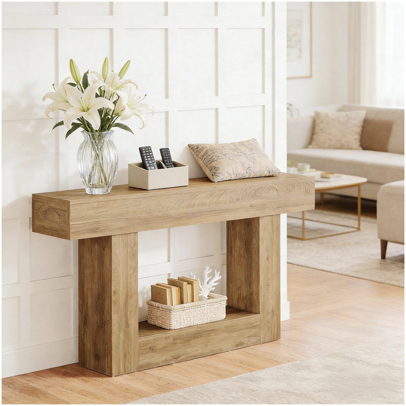 Rustic Farmhouse 2-Tier Side Table with Vintage U-Shaped Base and Lower Shelf for Versatile Use in Entryways and Living Rooms