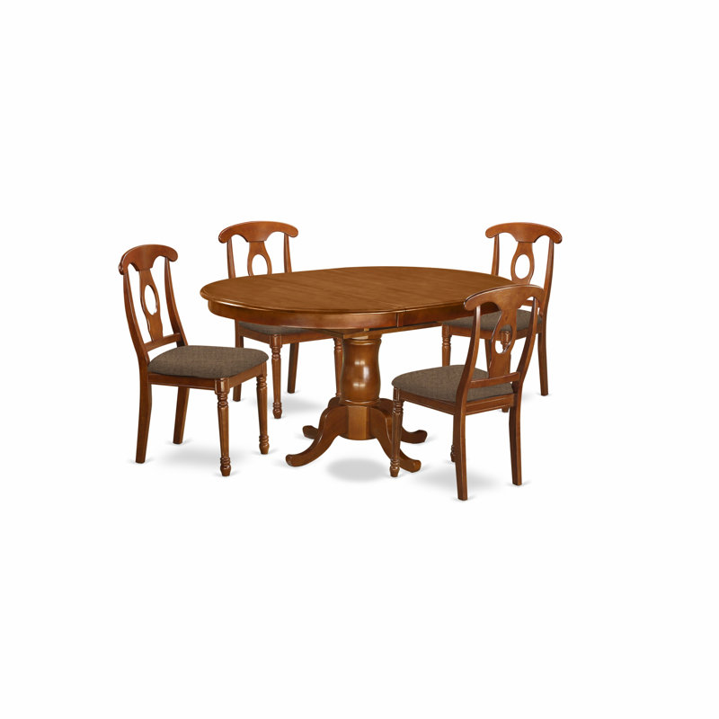 Ensemble de table de salle à manger 5 pièces moderne comprenant une table ovale en bois avec rallonge papillon et 4 chaises de salle à manger en lin, brun selle