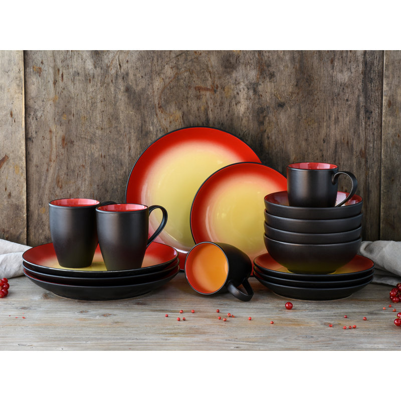 16 Piece Dinnerware Set, Service for 4, Black/Red/Yellow
