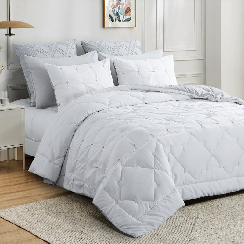 Pintuck Embroidered Microfiber Reversible 3 Piece Comforter Set, White, Queen Comforter + 2 Standard Shams
