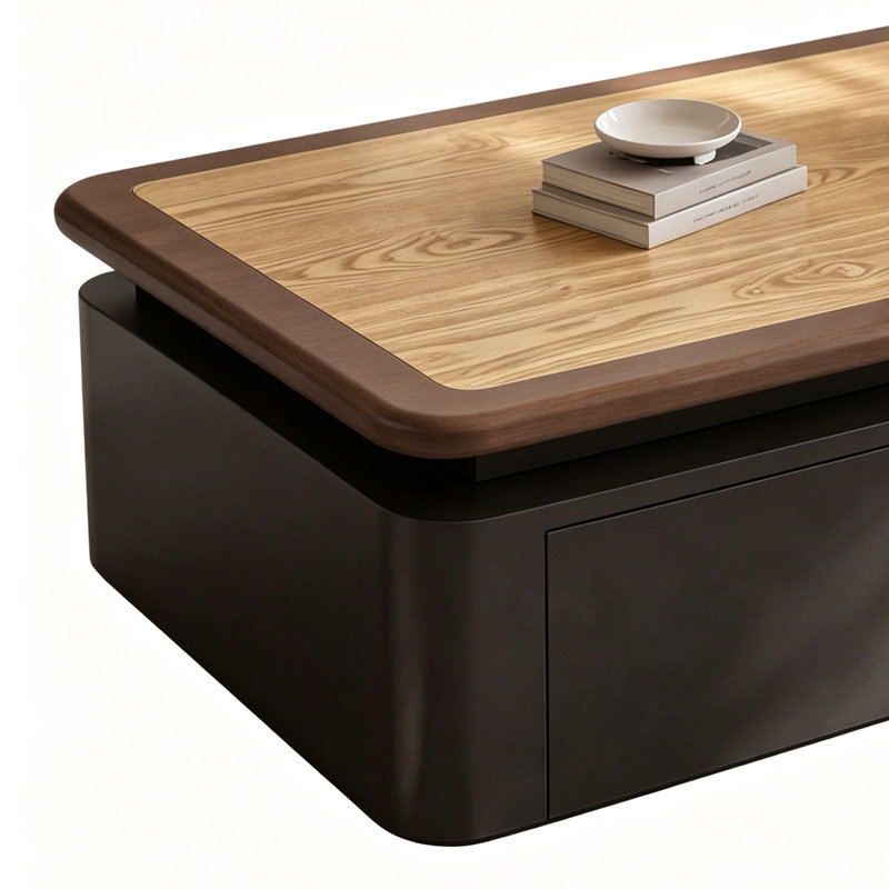 Table basse rétro française, H 17,71 po x l 51,18 po x P 27,55 po, Burlywood / noir