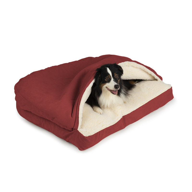Small Red Poly Cotton Hooded Cozy Cave Dog Bed