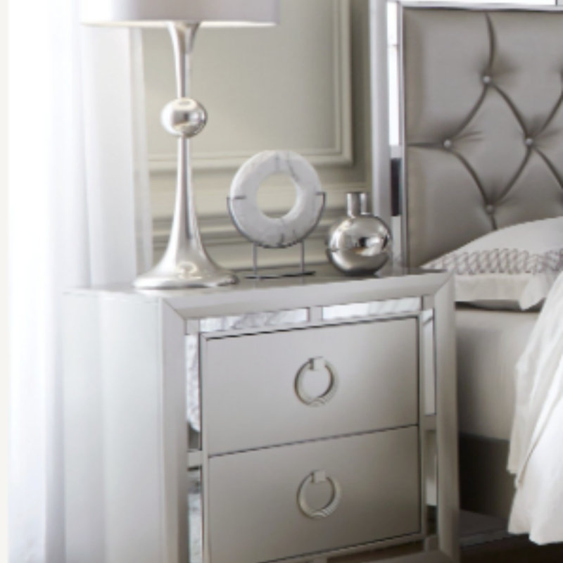 Nightstand With Mirror Accents & 2 Spacious Drawers, Smooth Metal Glide