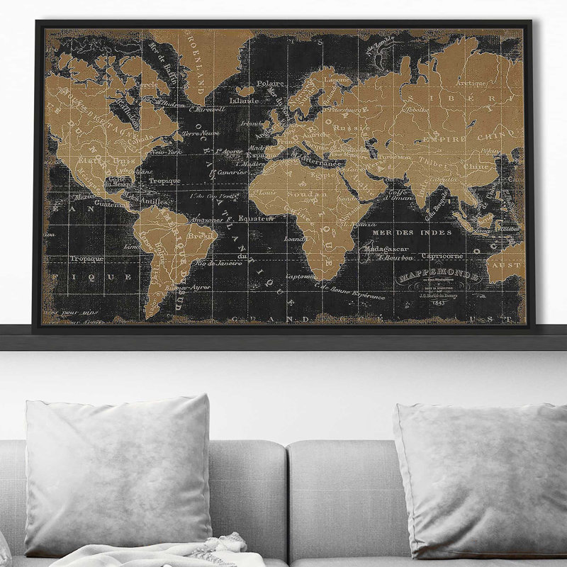 «Mappemonde Borderless Black Gold» par Pela Studio - impression, H 39,5 po x l 63,5 po x P 2 po, Cadre flottant noir