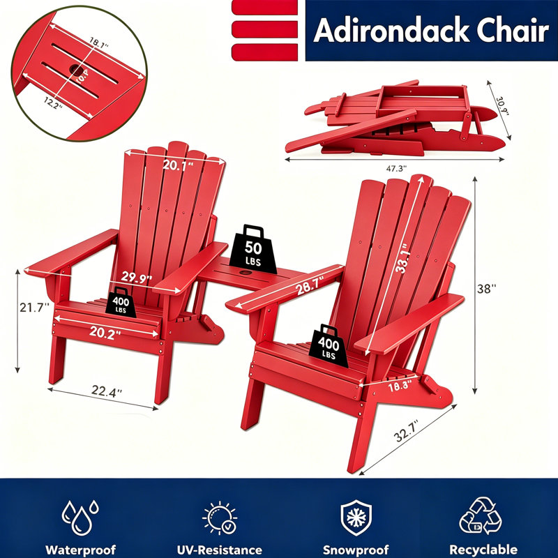 Set Of 2 Folding-Adirondack-Chairs With Connecting Tray, Red