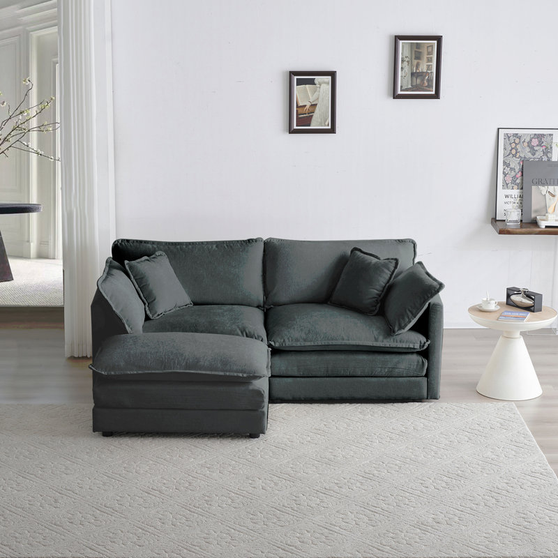 Canapé à deux places en chenille avec 1 repose-pieds, canapé modulaire en forme de L 2 places avec repose-pieds, causeuse avec repose-pieds pour petit espace de vie, chenille grise