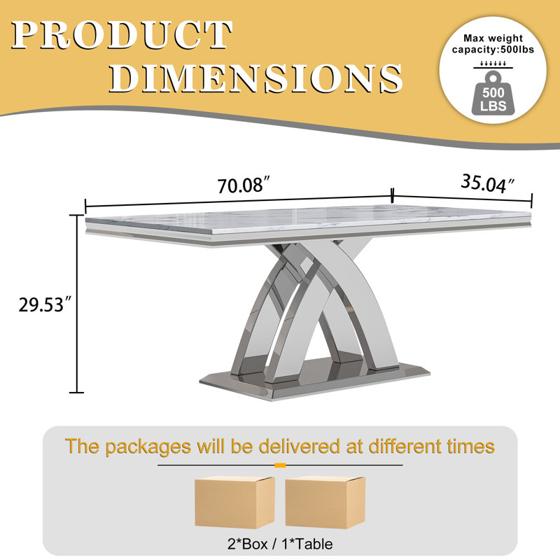 70.08'' Luxury Rectangular Faux Marble Dining Table With White Marble Top & X-Shaped Stainless Steel Base, Silver