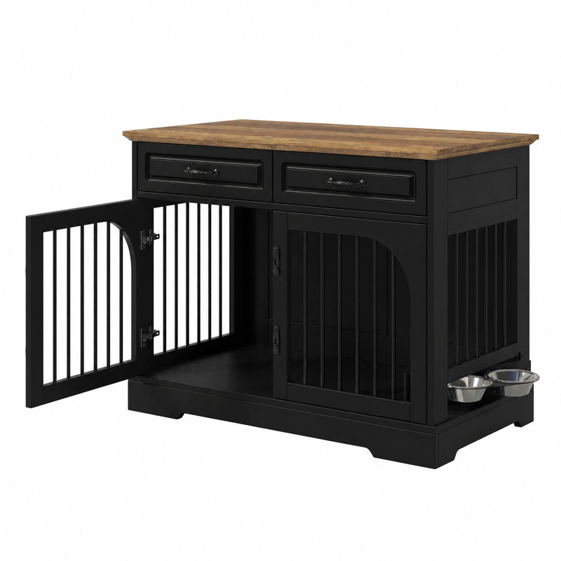 Cage de transport pour chien Havenwood de 43,3 po de style ferme, en métal et en bois, avec bols rotatifs