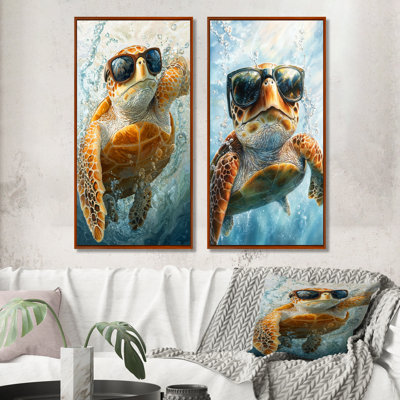 Mignonne tortue avec lunettes surfant I - ensemble d'art mural animal tortue 2 pièces