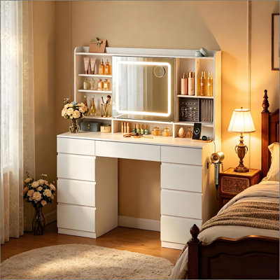 LED Makeup Vanity with 9 Drawers and Sliding Mirror 110*40*140 cm Wood 1 Piece Makeup Vanity White - Sliding Mirror, Built-in Socket, 9 Drawers