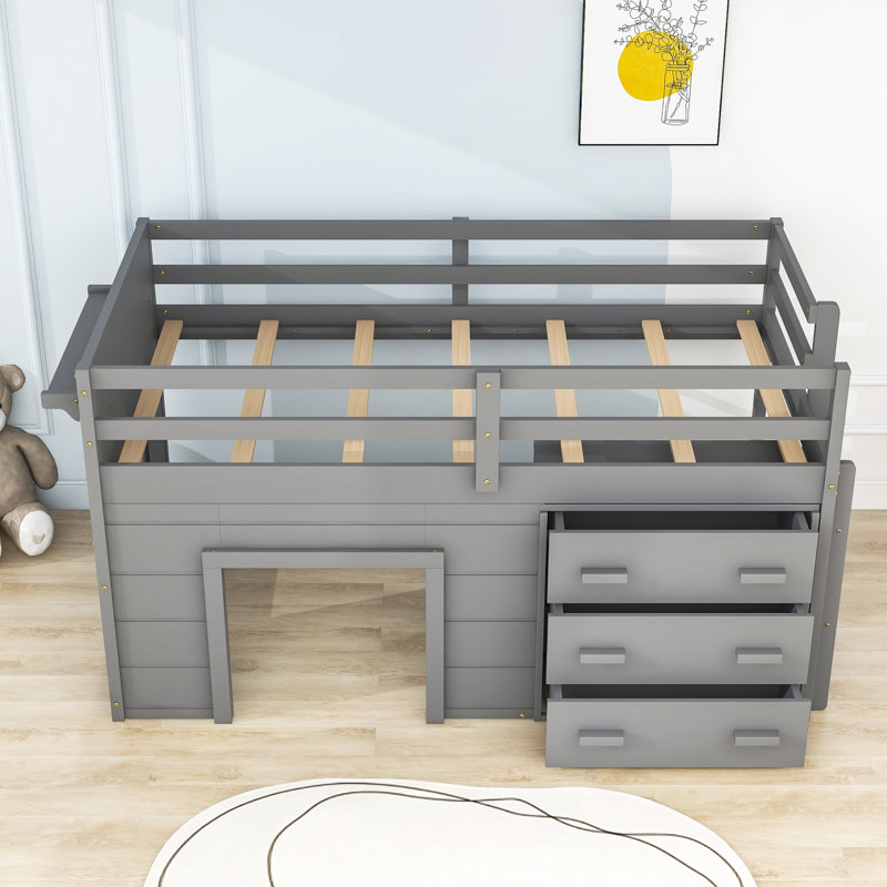 Ditlef Kids Twin Loft Bed with Drawers, Gray