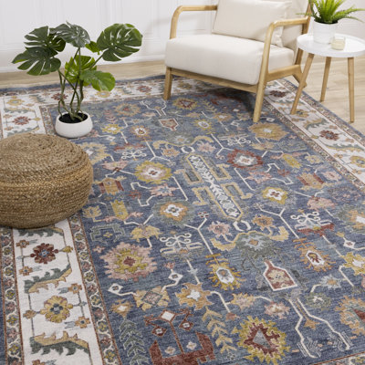 Jahnya Blue Classic Polyester Living Room Carpet