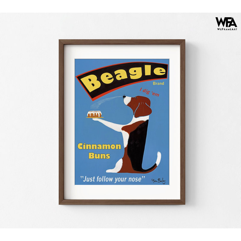 «Beagle Buns» par Ken Bailey, affiche de bureau de propriétaire de boulangerie, art mural de buffet d'hôtel, affiche amusante de Beagle, décor de cuisine maman Beagle