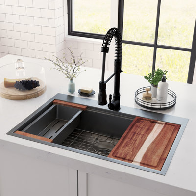 Santa Cruz Drop-In Single Bowl 33 in. Single Bowl Workstation Sink with Spring Neck Faucet Gun Metal Black