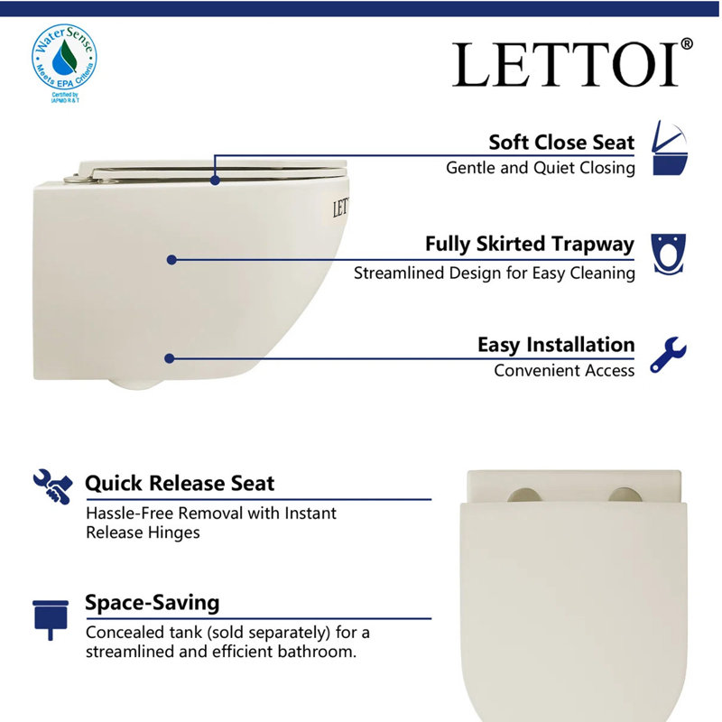 Toilette murale à double chasse LETTOI, cuve en forme de U, 1,1 / 1,6 gpf, siège à fermeture rapide à fermeture en douceur inclus