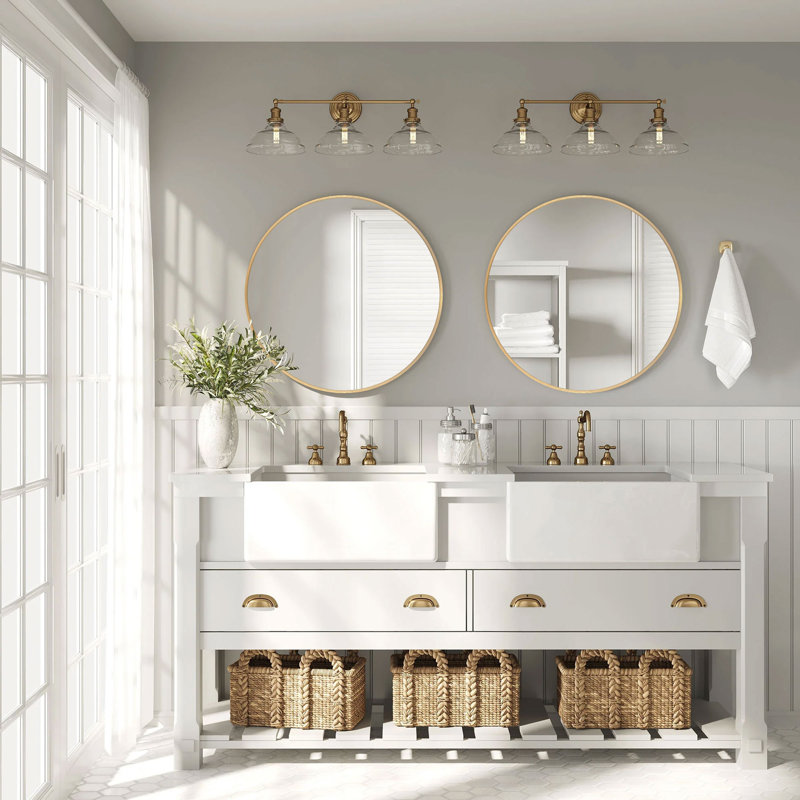 Malakhi Modern Bathroom Wall Mounted Round Vanity Mirror, Brushed Gold, 24" H x 24" W