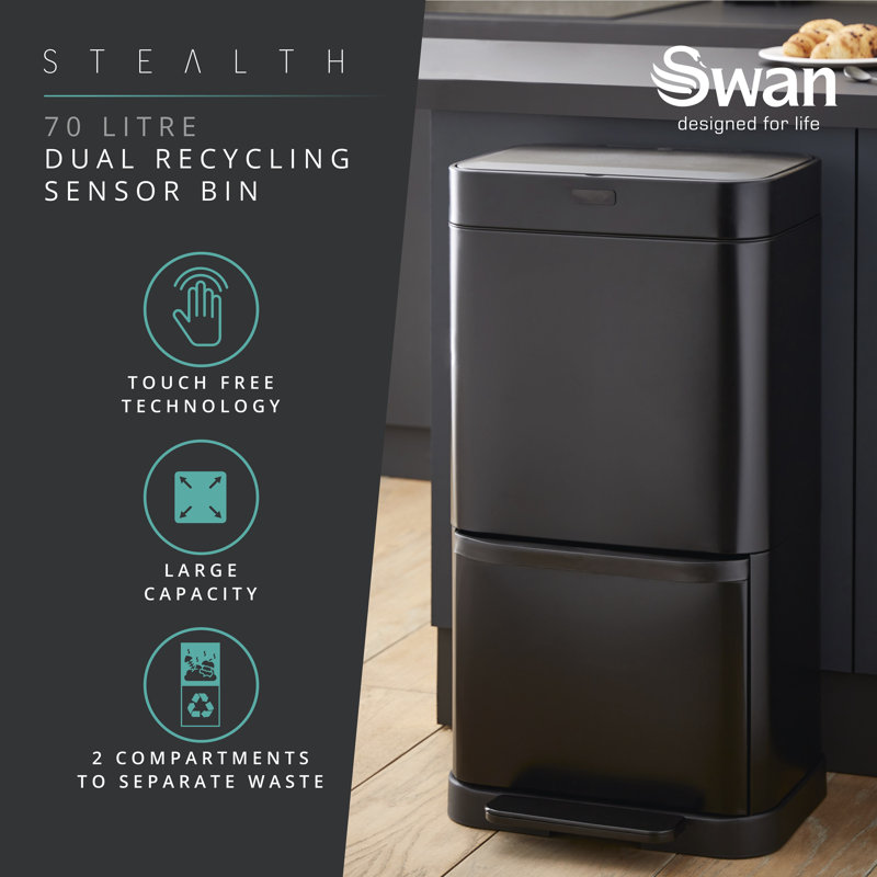 SWKA4501BLKN Swan Stealth Dual Recycling Sensor Bin, Retainer Ring, Iron Body, 70L, Black