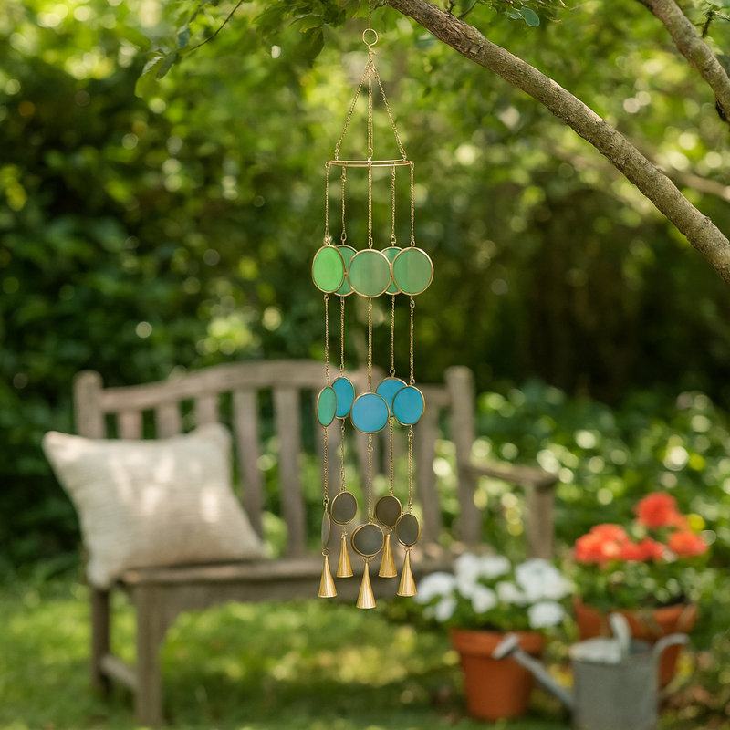 Carillon à vent coloré en forme de disque avec clochettes - carillon extérieur pour décoration de jardin et de jardin - 37 po, bleu et vert