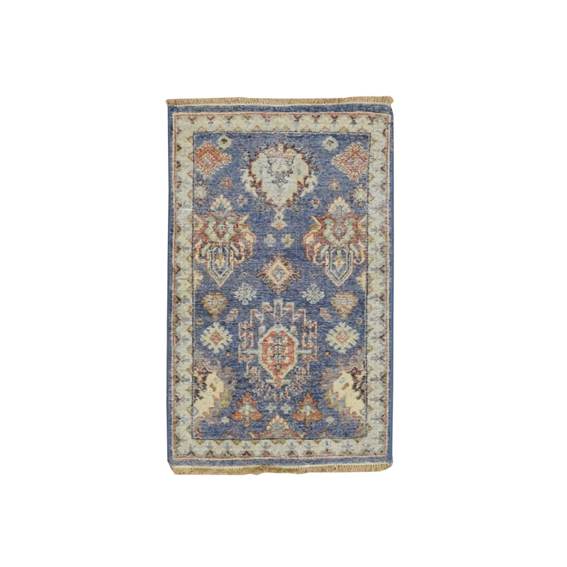 Tapis oriental bleu, 2 pi x 3 pi 2 po, motif perse du nord-ouest avec des éléments géométriques, noué à la main, 100% laine, épais et moelleux, tapis, échantillon, tapis oriental
