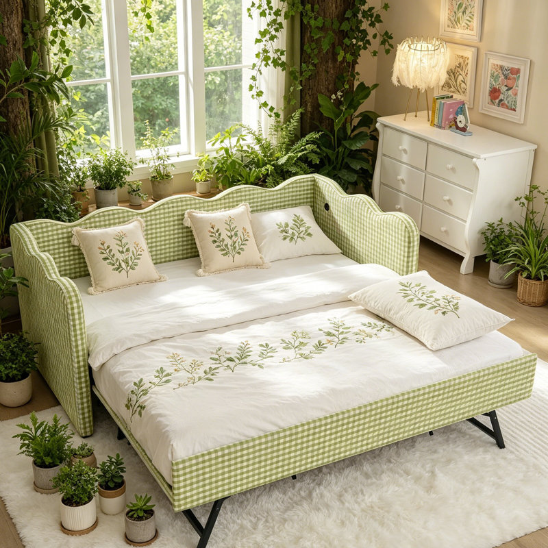 Cozy Gingham Daybed With Trundle Twin Size Sofa Bed No Box Spring Needed, With USB Port And Adorable Wave Shaped, Linen Fabric, Green