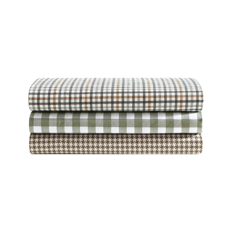 Shasta Lake Cotton Percale Standard Sheet Set, King Sheet Set with 2 Pillowcases, Brown Houndstooth