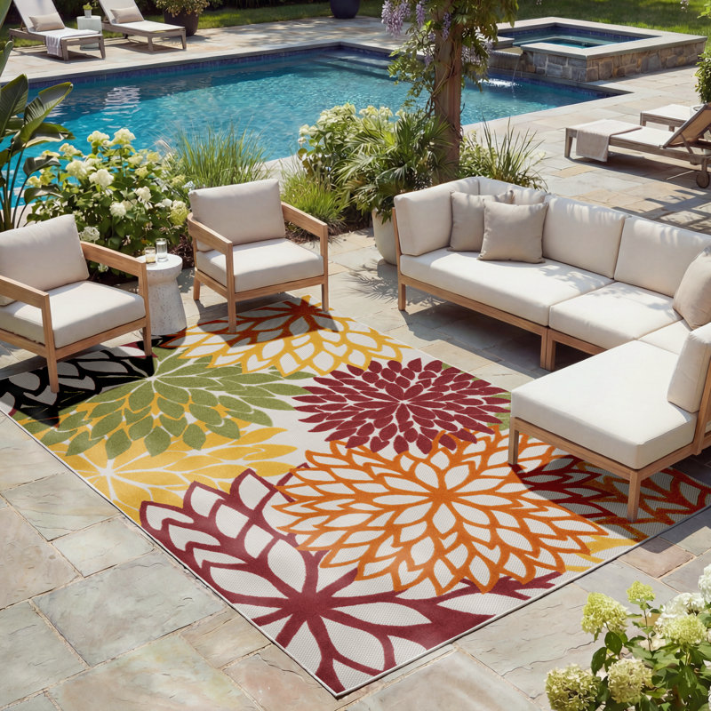 Geib Performance Floral Indoor / Outdoor Rug, Rectangle 9'6" x 13'