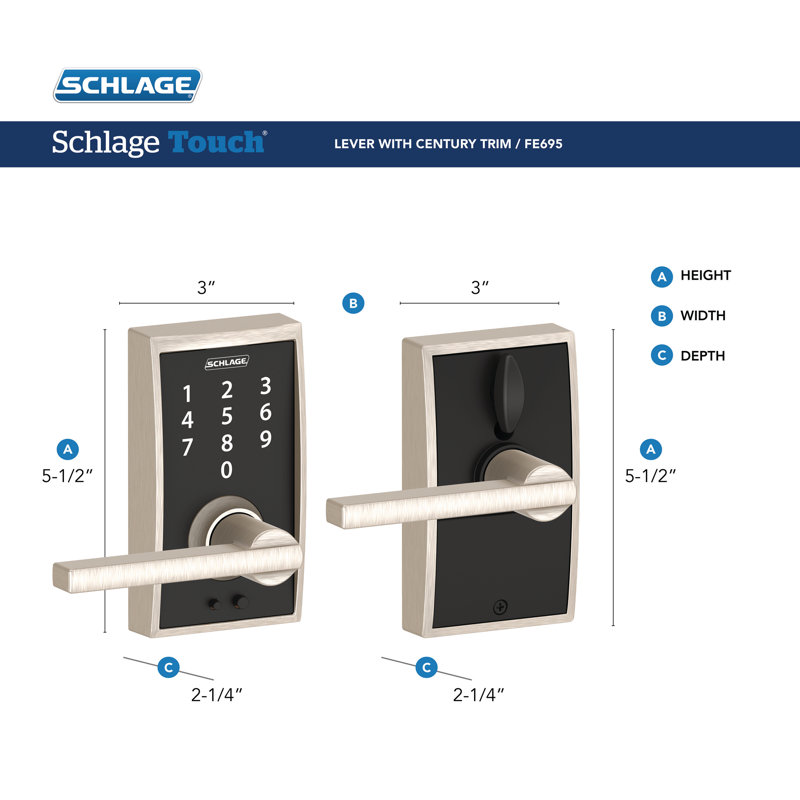 Schlage Touch Keyless Touchscreen Lever with Century Trim and Latitude Lever, Matte Black