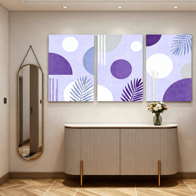 Motifs géométriques abstraits mauves et blancs avec feuilles tropicales, art mural sur toile, impression minimaliste moderne (ensemble de 3)