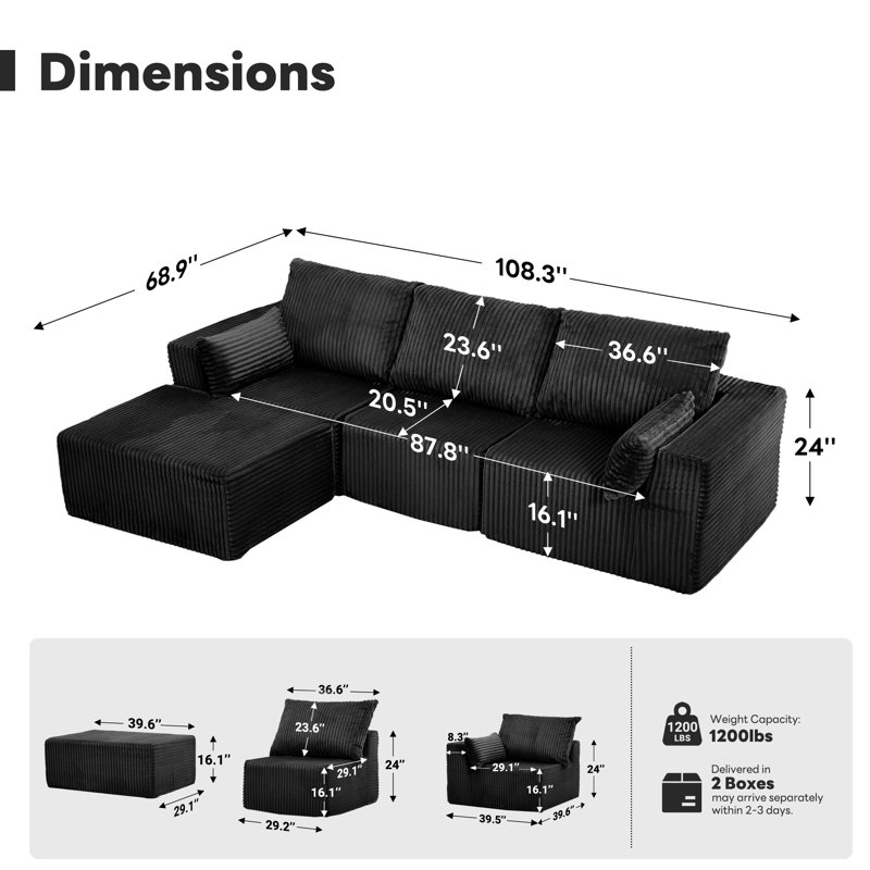 Canapé modulaire en velours côtelé modulaire Boneless, Velours côtelé noir