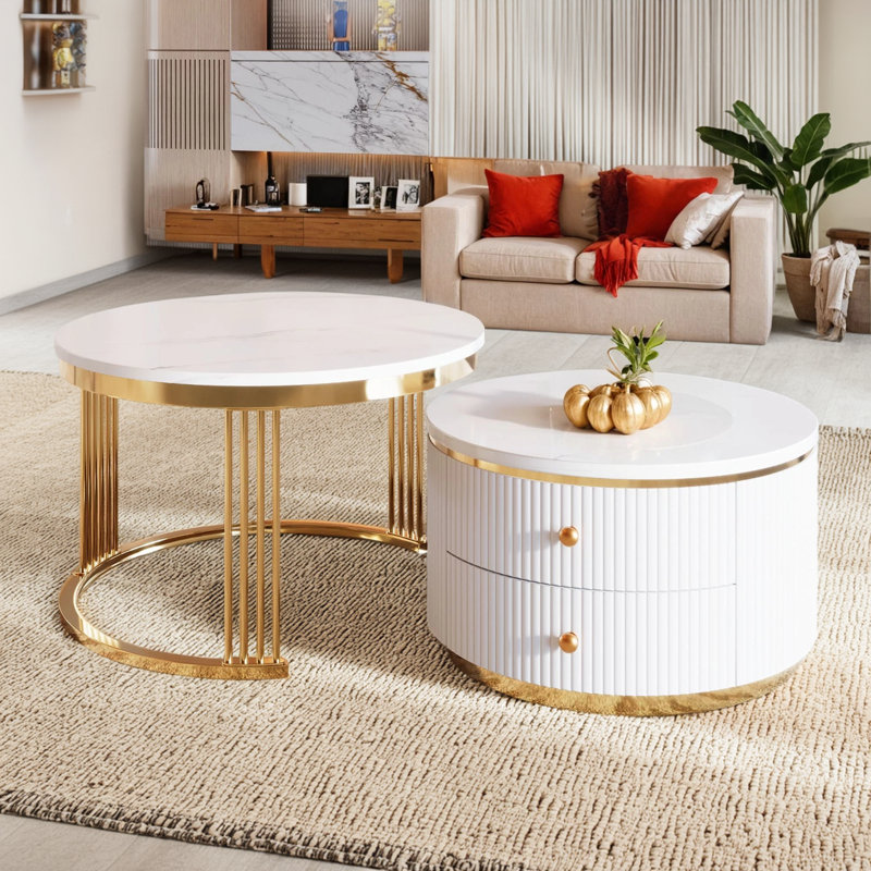 Ensemble de deux tables basses modernes et blanches avec tiroirs intégrés, exquis et pratiques.