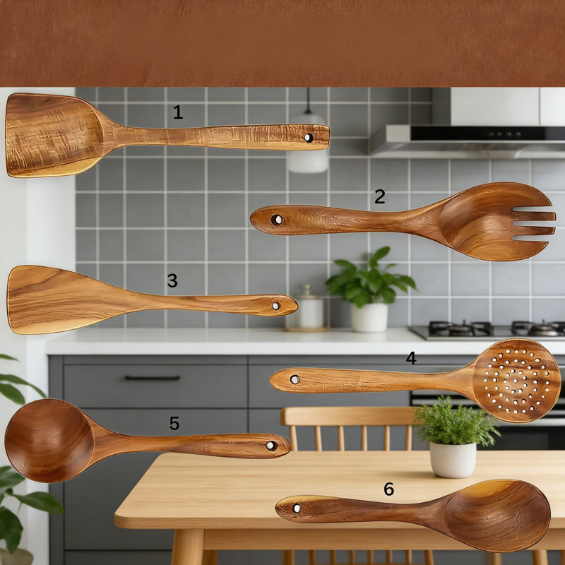 Ensemble de cuillères en bois professionnel pour cuisiner et servir, 6 pièces d'ustensiles de cuisine en bambou naturel avec poignées durables, non toxiques et écologiques