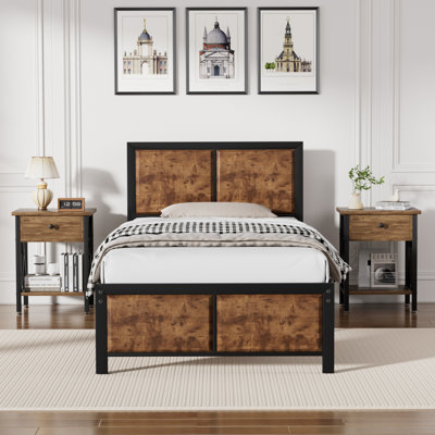 Kempst 3 Piece Twin Size Bedroom Set, Modern Wood Platform Bed Frame and Nightstand Set, Farmhouse Industrial Bedroom Furniture Set in Brown, No Box Spring Needed