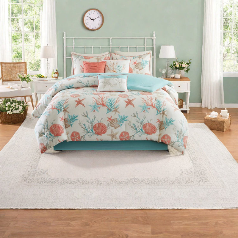 Ensemble de literie luxueux en satin de coton 7 pièces, style bord de mer, corail