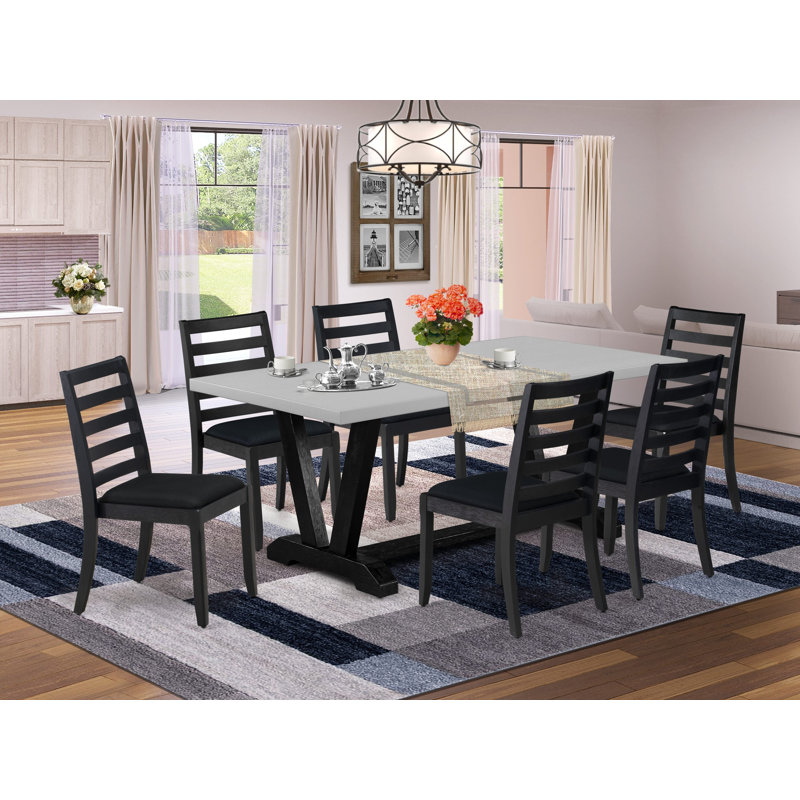 L'ensemble de table de cuisine 7 pièces se compose d'une table de cuisine rectangulaire et de 6 chaises empilables en tissu de polyester noir, finition noire brossée
