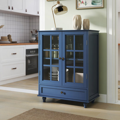 Minimalist Buffet Cabinet With Double Glass Doors And Drawer, Modern Wooden Storage Sideboard Cupboard For Living Room, Dining Room Hallway Entryway