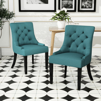 Of 2 Dining Chairs - Modern & Contemporary, , Sloped Arms, Fabric Upholstery, Wood Legs, Teal Color ( 2) Contemporary Style, Back, Blue