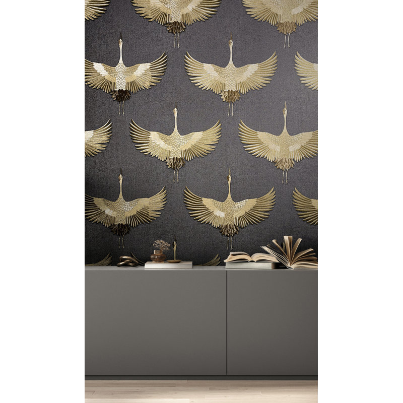 Amariyana Collection Textured Stork Design Wallpaper Roll, Black/Gold
