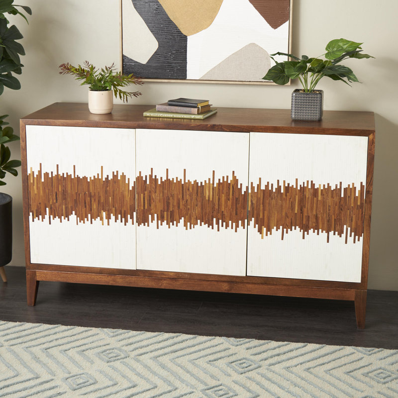 Elyette Mango Wood 1 Shelf and 3 Door Abstract Brown Cabinet with Vertically Stripped Front