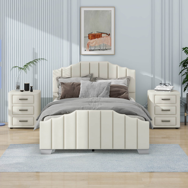 Ensemble de chambre à coucher 3 pièces avec lit plateforme tapissier en velours et 2 tables de chevet à trois tiroirs, Beige