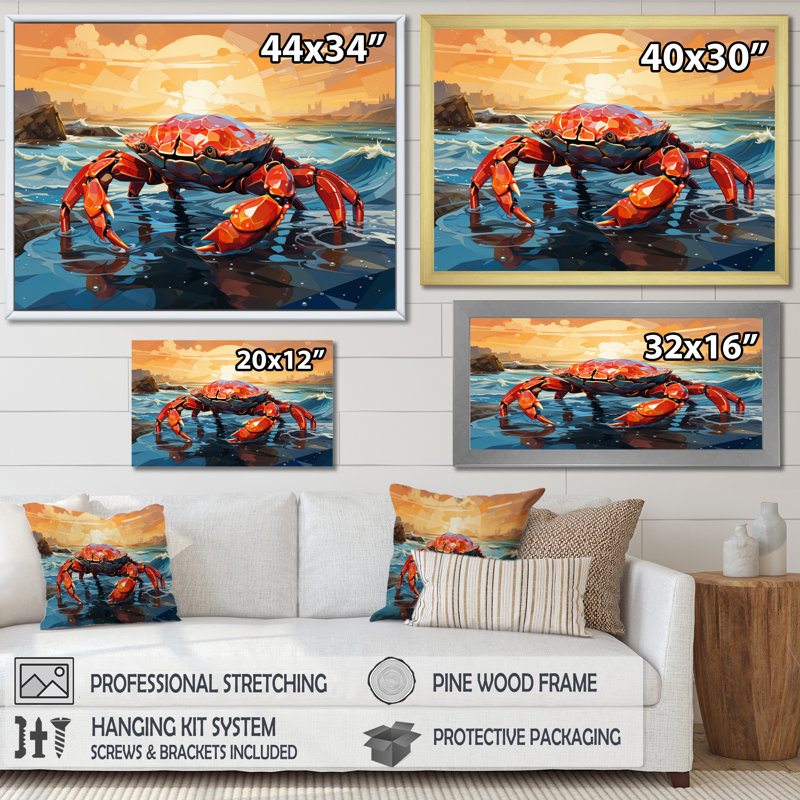Crab Coastal Guardian Geometric - Animals Canvas Wall Art, H 12 po x l 20 po x P 1 po, Cadre flottant blanc