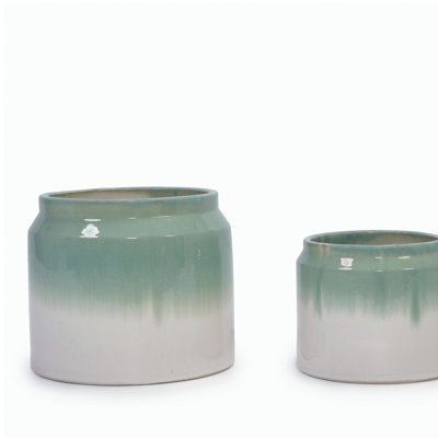 Handmade Ceramic Planter Set of 2, 8.5" & 6" Diameter, Green-White Ombre Glaze, for Aquatic Plants Indoor/Outdoor Shelf & Table Use, Non-Porous & Breathable Clay