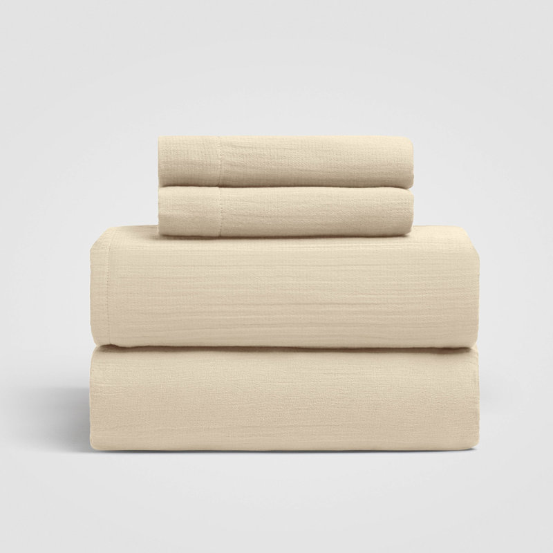 4-Piece 100% Cotton Gauze Sheet Set, Soft Breathable Premium Cotton Sheets for All-Season Comfort, Yellow, Queen Sheet Set