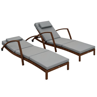 Wicker Chaise Lounge Chair Outdoor Set of 2, 5 Adjustable Backrest Patio Lounge Chair with Wheels, Rattan Outdoor Chaise Lounge with Cushion, Armrests by Latitude Run