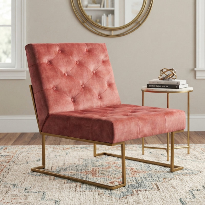 Klara 29.33" Wide Tufted Velvet Slipper Chair with Metal Sled Base, Blush Velvet, Gold
