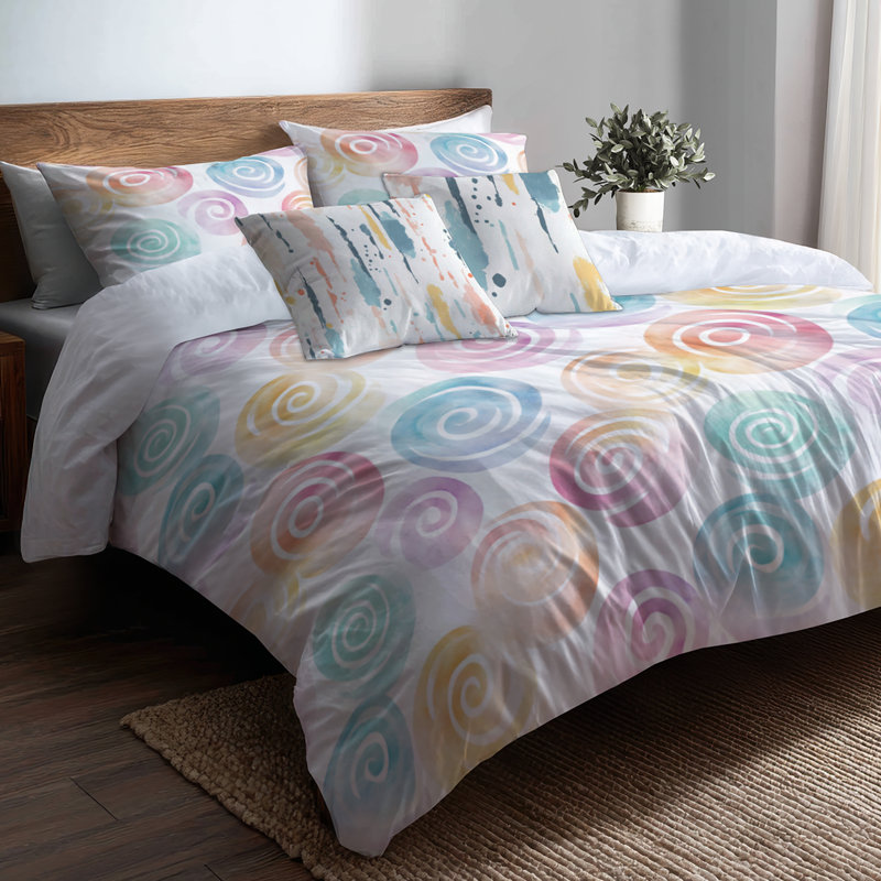 Ensemble de literie pour enfants 5 pièces - Ensemble de housse de couette et coussin décoratif Motion Pastel Spirals