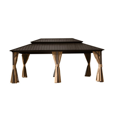 Pavillon de jardin à toit rigide de 12 pi x 20 pi, pavillon en métal et aluminium avec double toit en acier galvanisé, rideau et filet, pavillon de pavillon permanent pour la fête, le mariage, les repas en plein air, brun