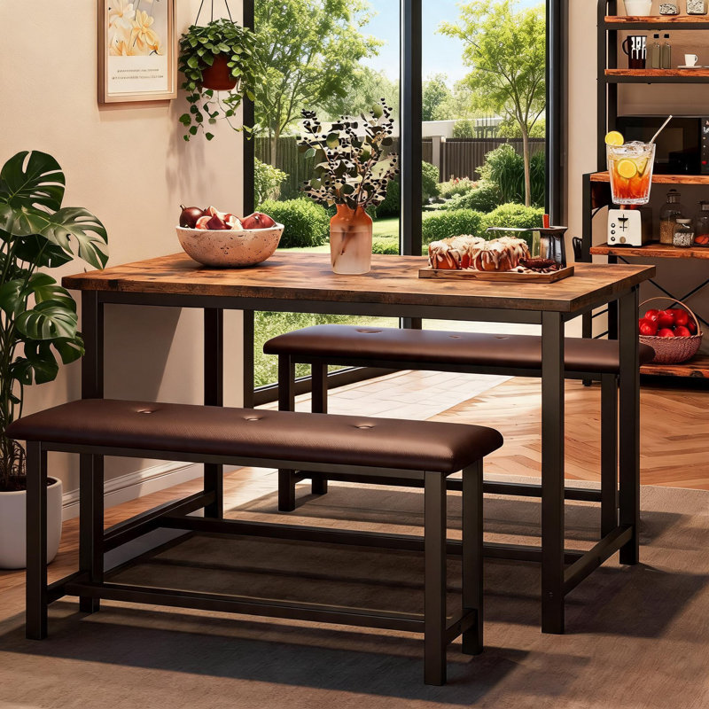 3 Piece Dining Table Set, Space Saving Kitchen Table with 2 Upholstered Benches, 4 Seater Dining Set for Small Spaces, Modern Industrial Metal Frame Dining Room Furniture for Kitchen, Apartment.