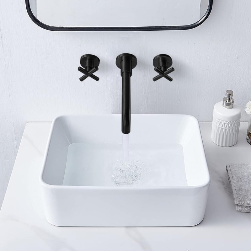 Robinet de lavabo vasque de salle de bain mural à deux poignées avec bonde escamotable, Noir mat