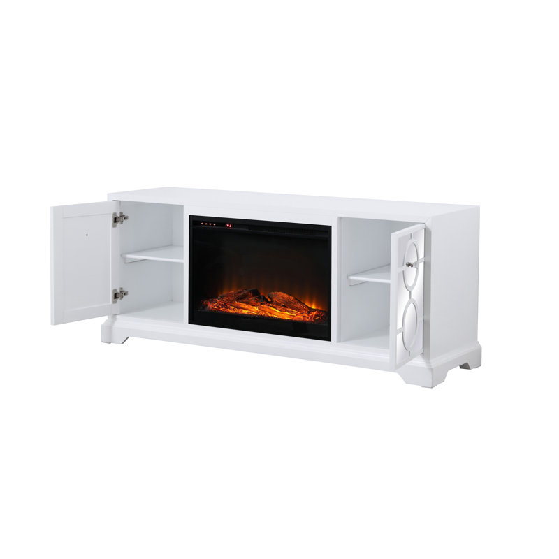 Meuble télé en bois massif pour téléviseur de 60 po ou moins avec foyer électrique inclus, Blanc